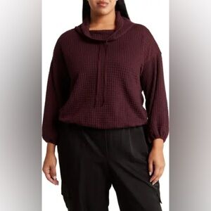 NWT Studio Women's Waffle Knit Cowl Neck Pullover Top Pockets Burgundy 2X Soft